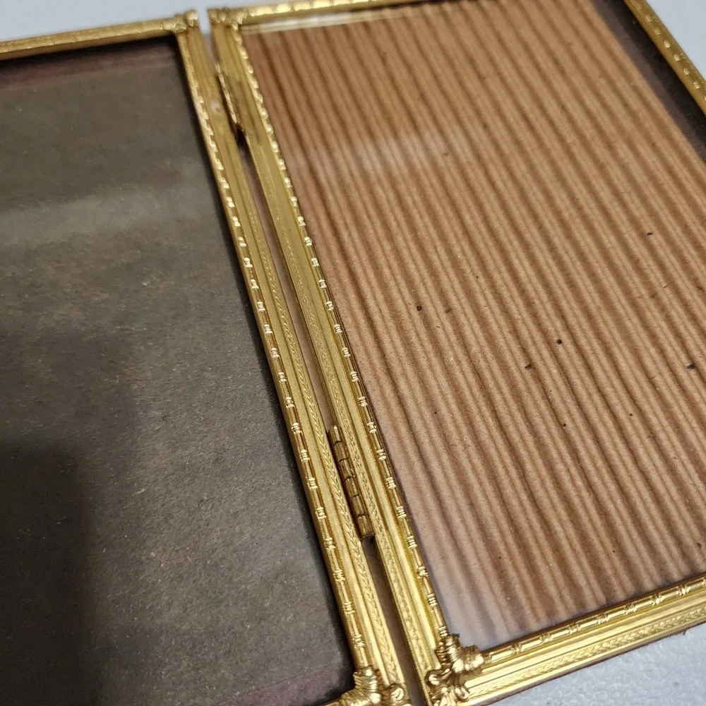 Vintage Gold Metal Triple Folding Picture Frame Triptych Embossed 5x7 Hinged